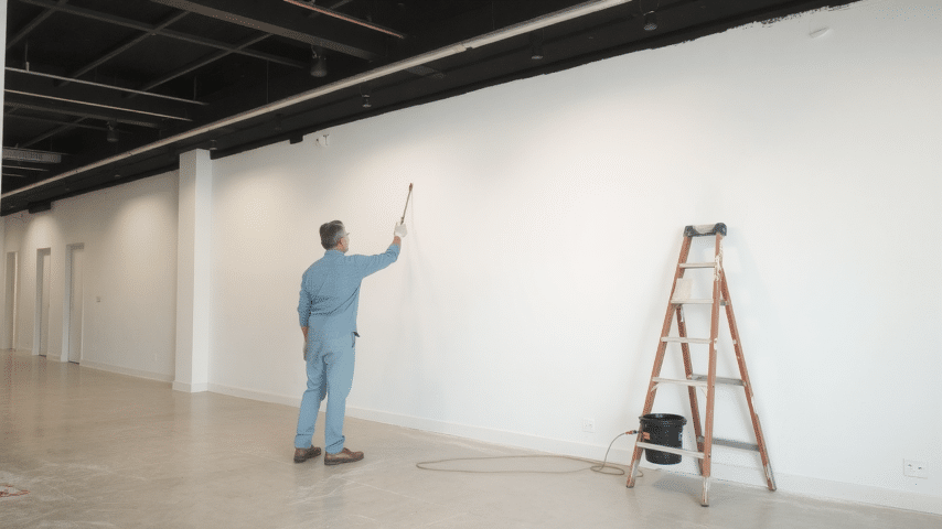 Beljenje sten z enakomernim nanosom barve na stene notrenjega poslovnega prostora.